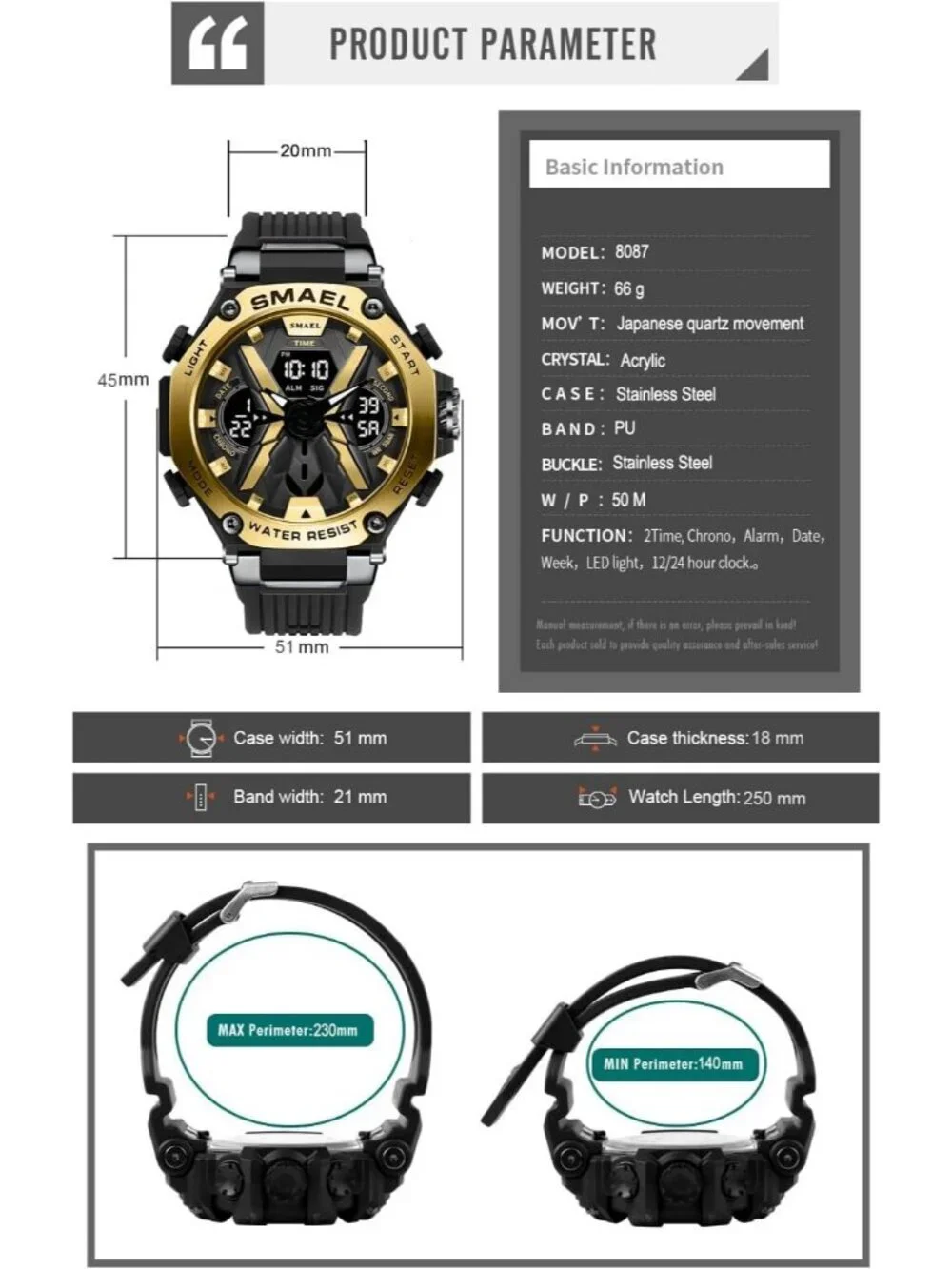 Mens Black Gold Analog Quartz Sports Waterproof Military Alarm LED Digital Watch